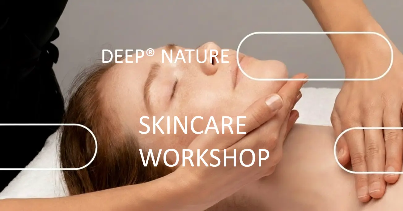 A woman receives a relaxing facial treatment beneath the white text DEEP® NATURE SKINCARE WORKSHOP. Minimalist graphic shapes frame the scene to evoke a world of spa and well-being.