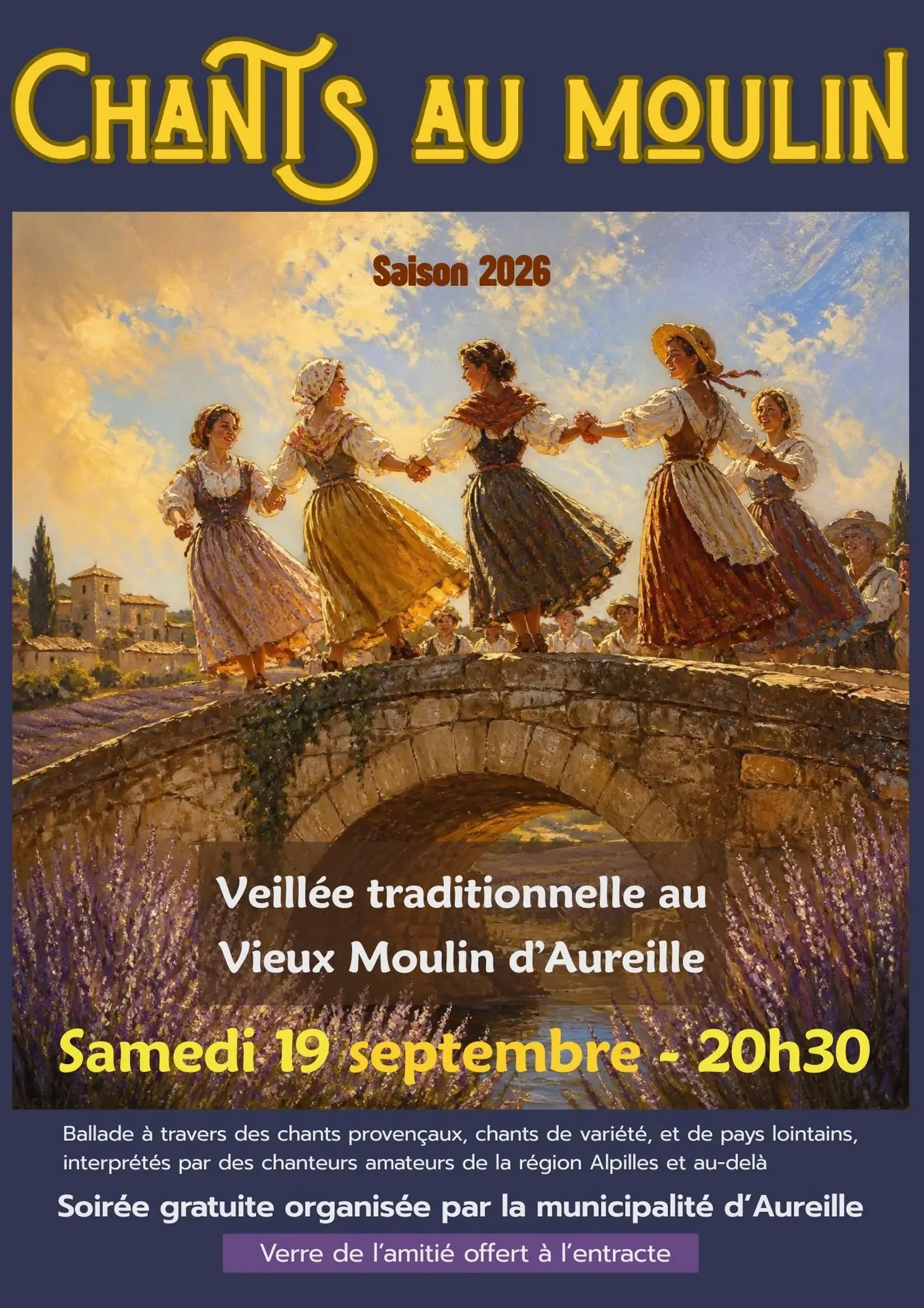 Poster Traditional evening gathering at the Old Mill in Aureille 19.09.26