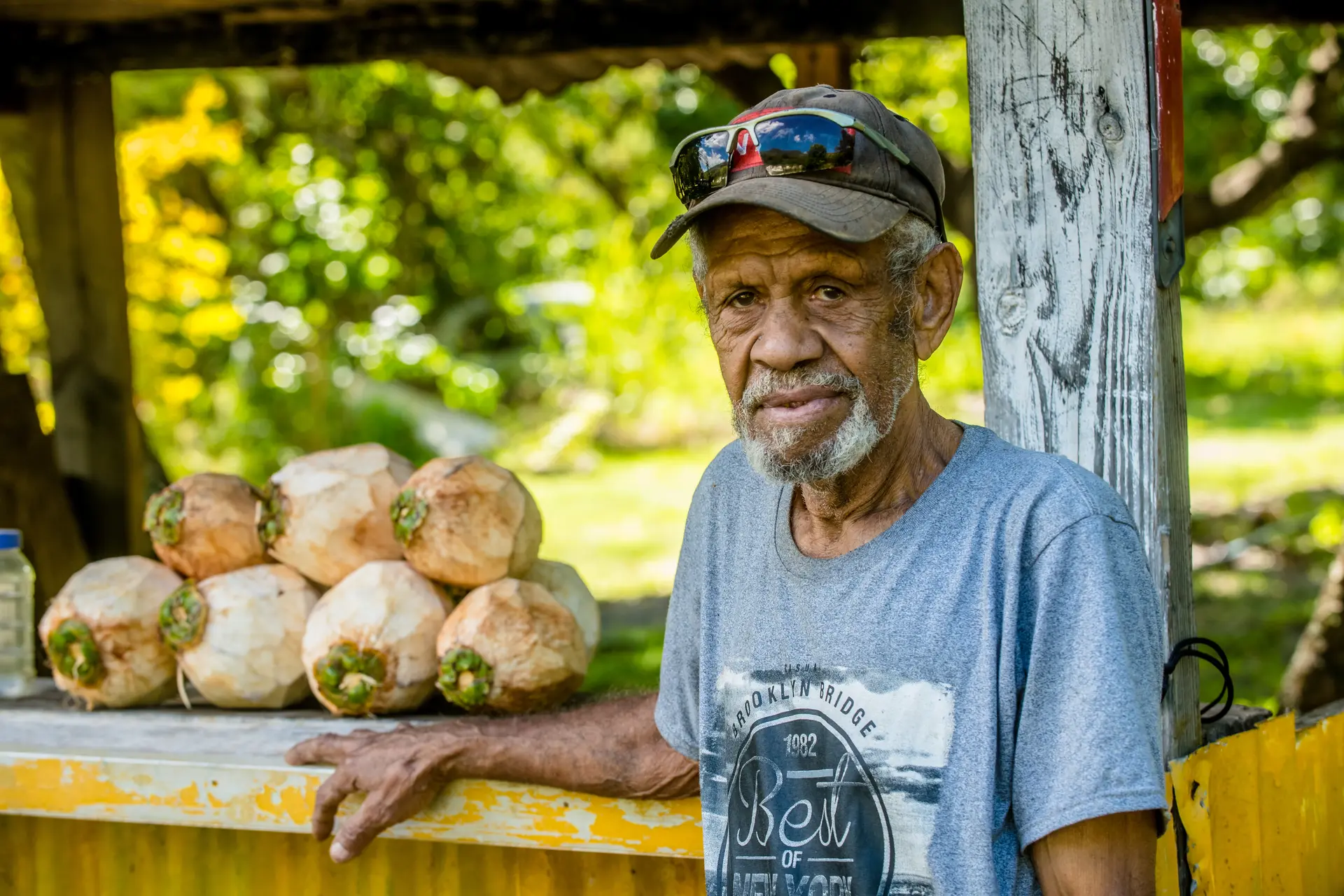 homme, vieux, marché de bord de route, coco, Houailou, sud minier