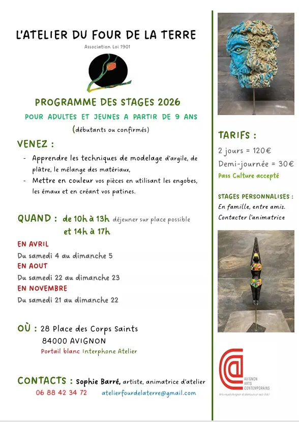 Stages artistiques 2026 à L'Atelier du Four de la Terre_Avignon