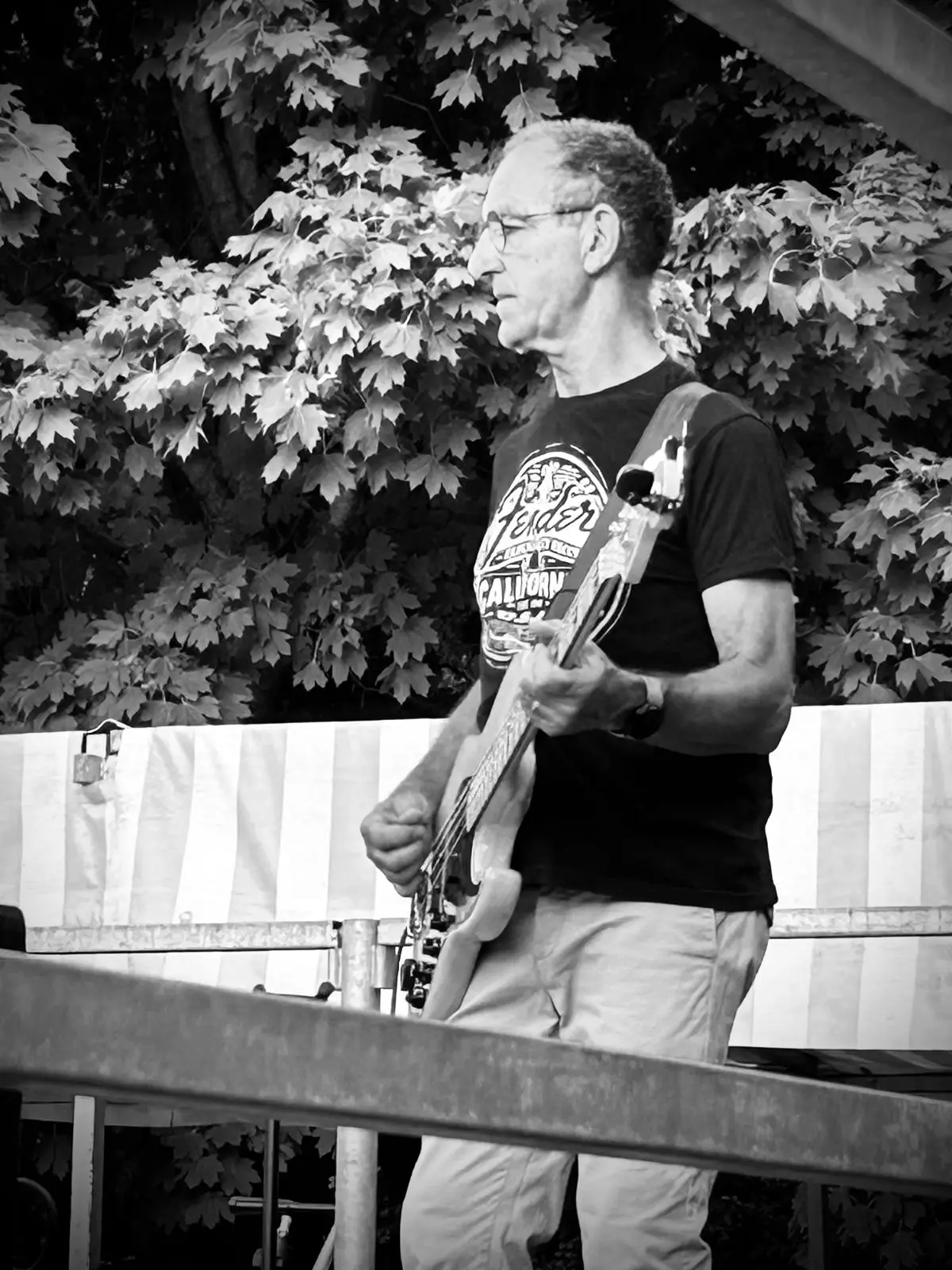 Un homme portant un t-shirt foncé et un pantalon clair joue d'une guitare ou d'une basse, se tenant devant un feuillage dense et ce qui semble être le bord d'une scène ou une barrière au premier plan.