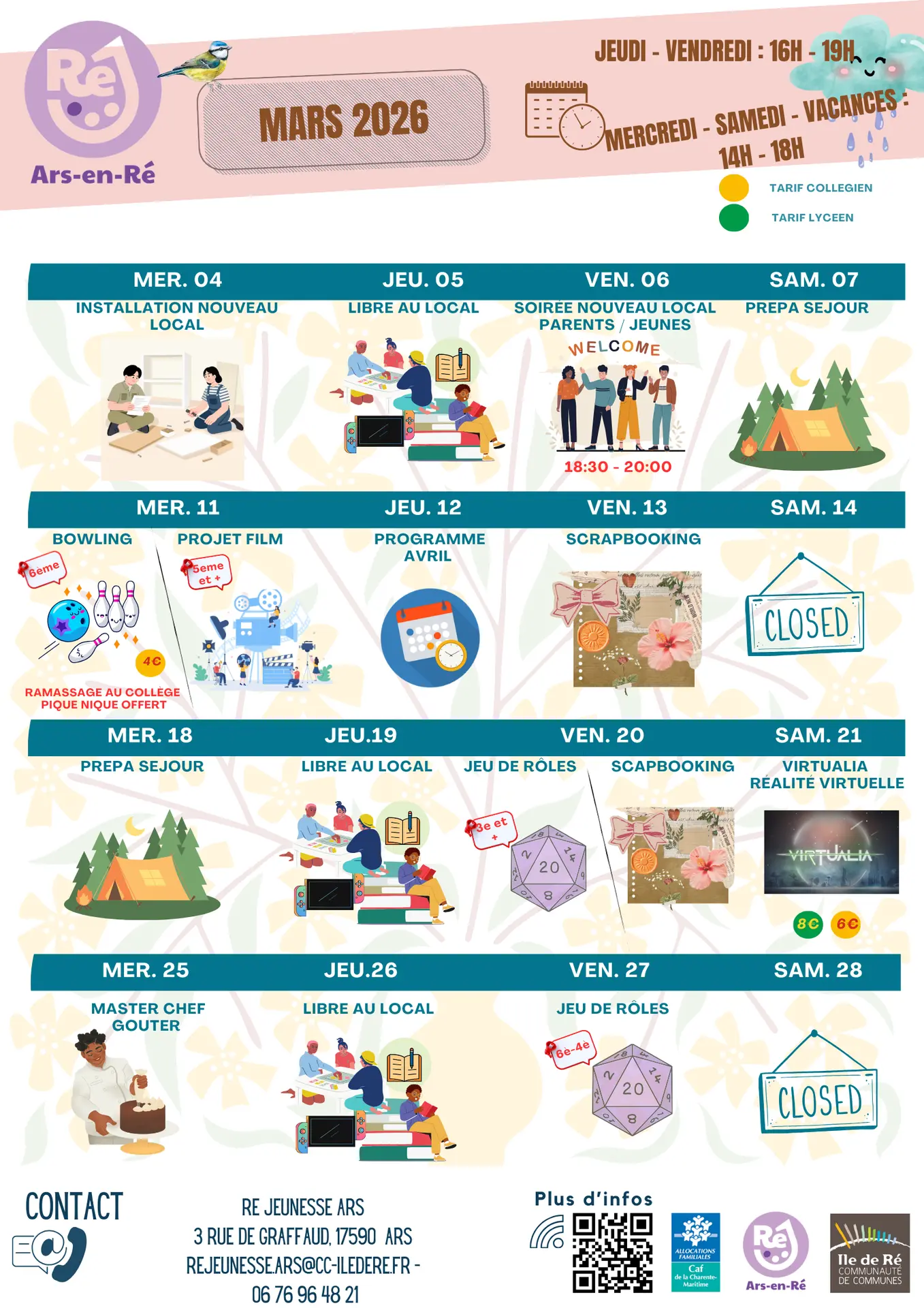 Programme des animations de Ré Jeunesse à Ars-en-Ré en mars