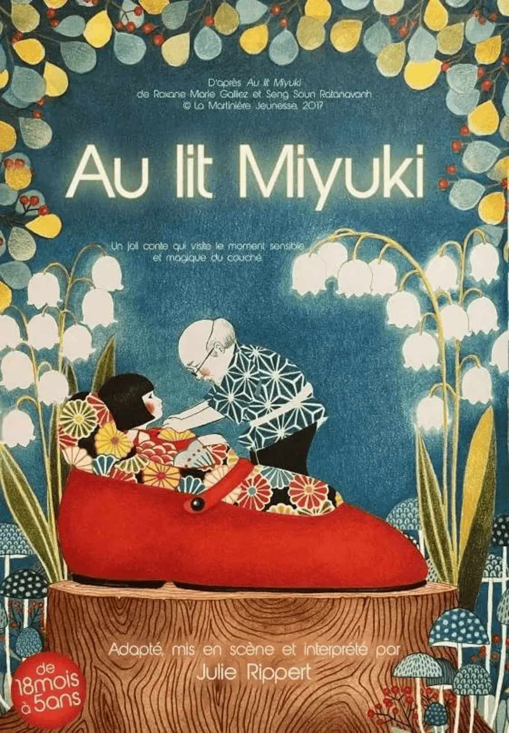 dessin japonisant d'un grand père qui borde une enfant dans son lit en forme de soulier