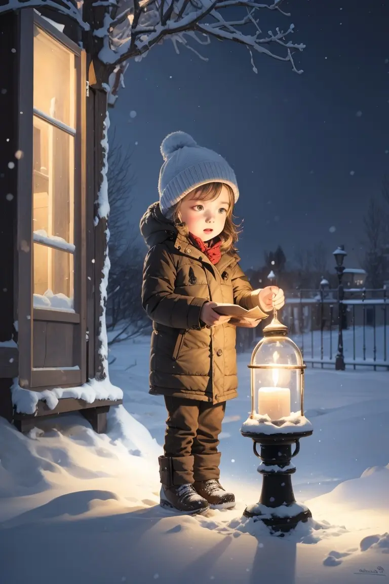 Une petite fille avec un bonnet et un manteau lit un papier à la lueur d'une bougie , la nuit, dans la neige devant une fenêtre éclairée