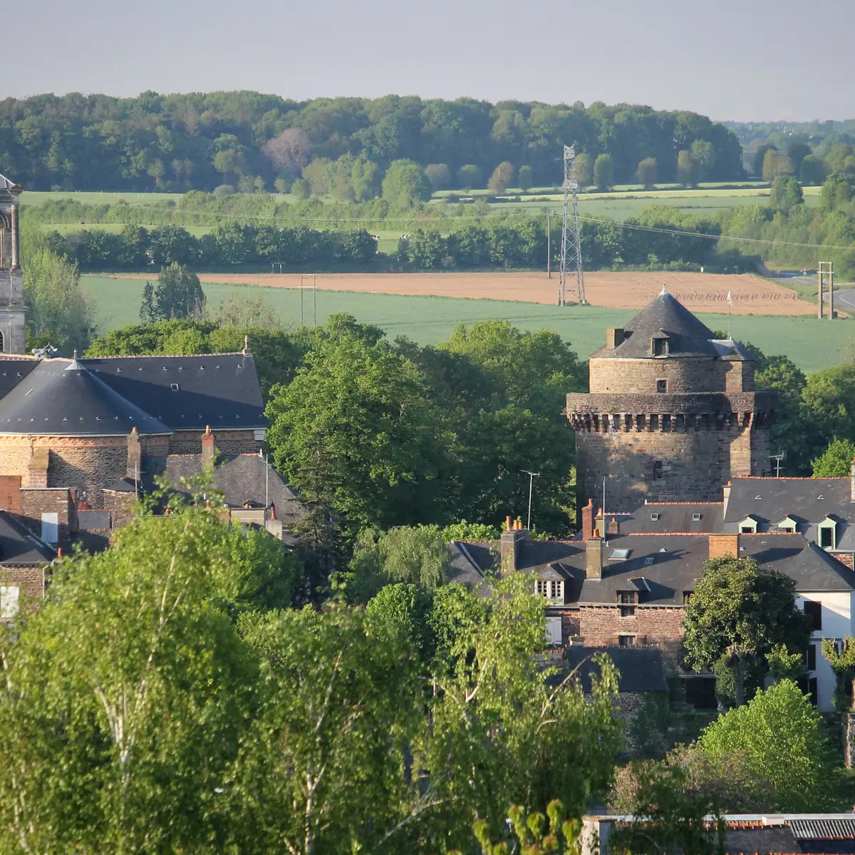 Vue panoramique sur la tour de Papegault et l'Eglise St Louis Marie Grignion - Montfort - ©Office de Tourisme