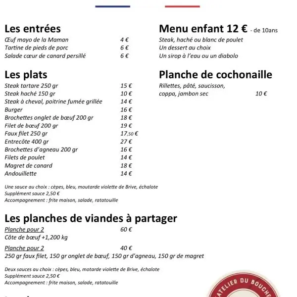 L'atelier du boucher menu
