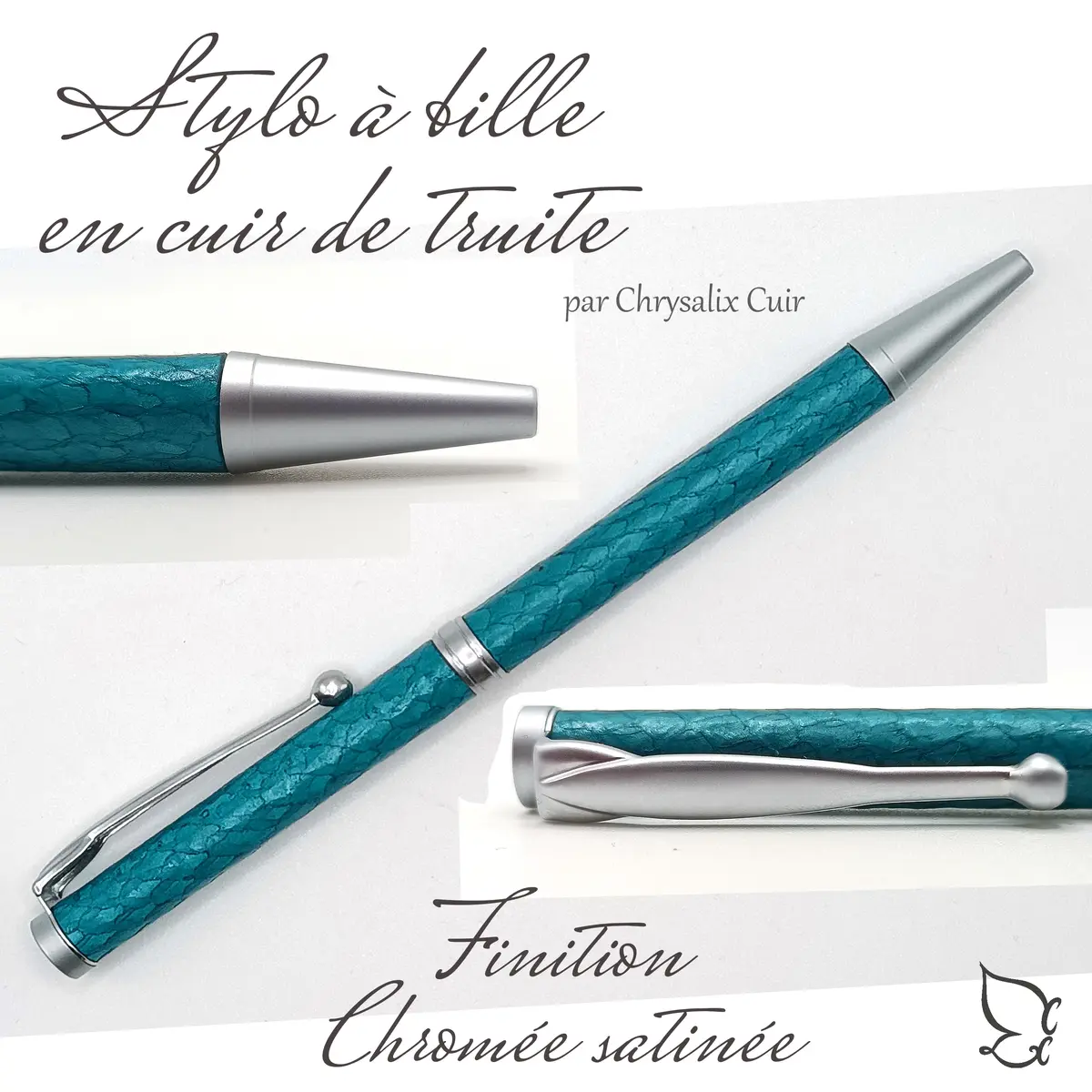 Stylo cuir de truite turquoise