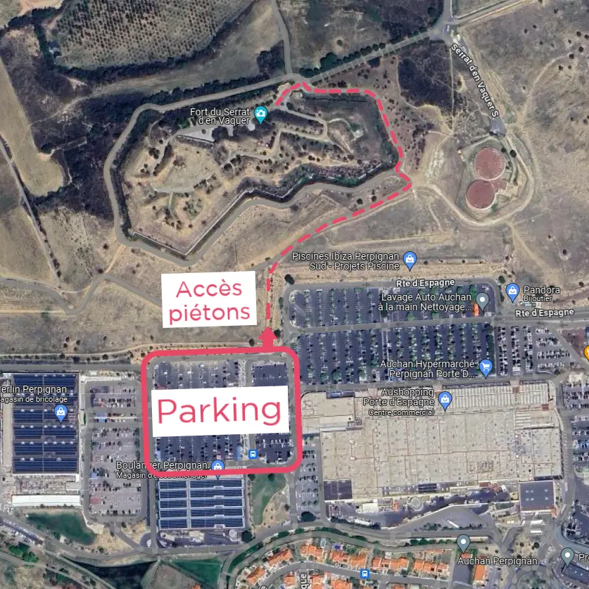 Serrat d'en Vaquer - Accès piétons depuis parking Auchan - plan vue de dessus ©2024 Google