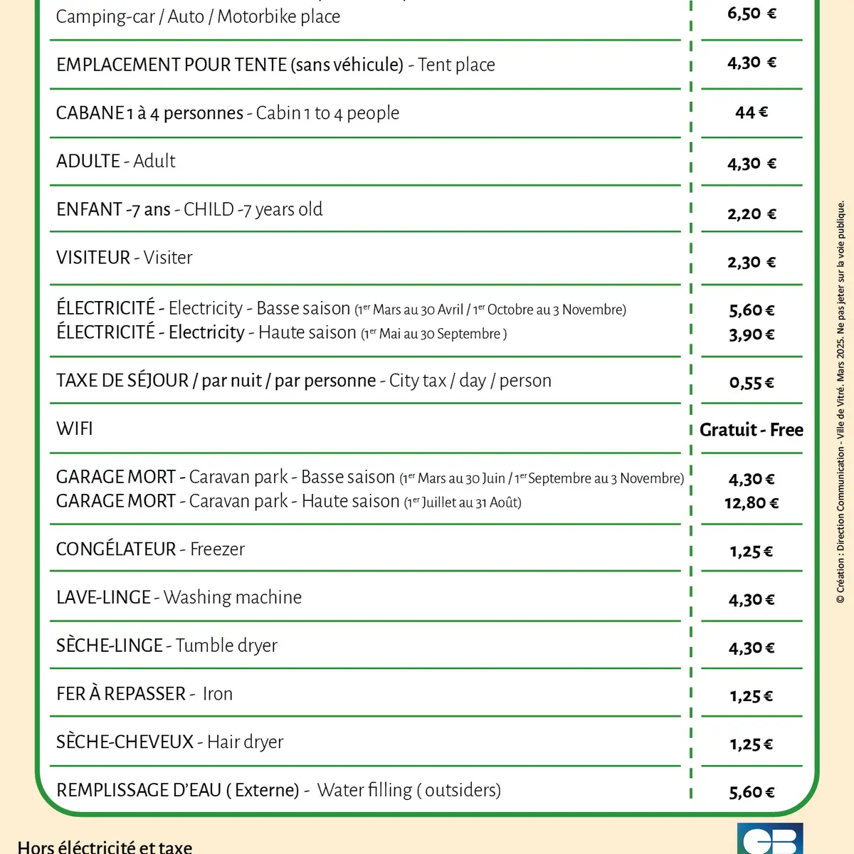 Fiche tarif 2025 Camping Vitré