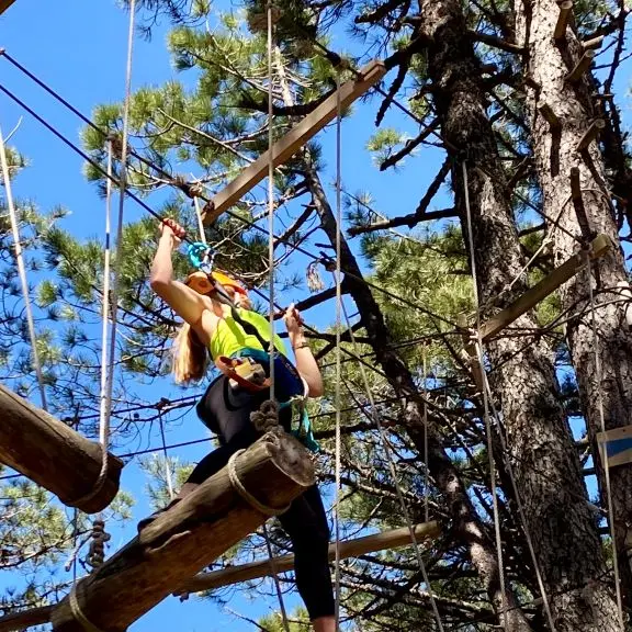 Parcours accrobranche en hauteur avec buches attachés à des arbres