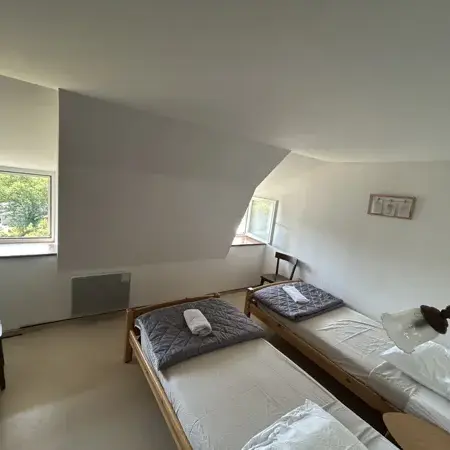 Chambre deux lits, douche et toilette