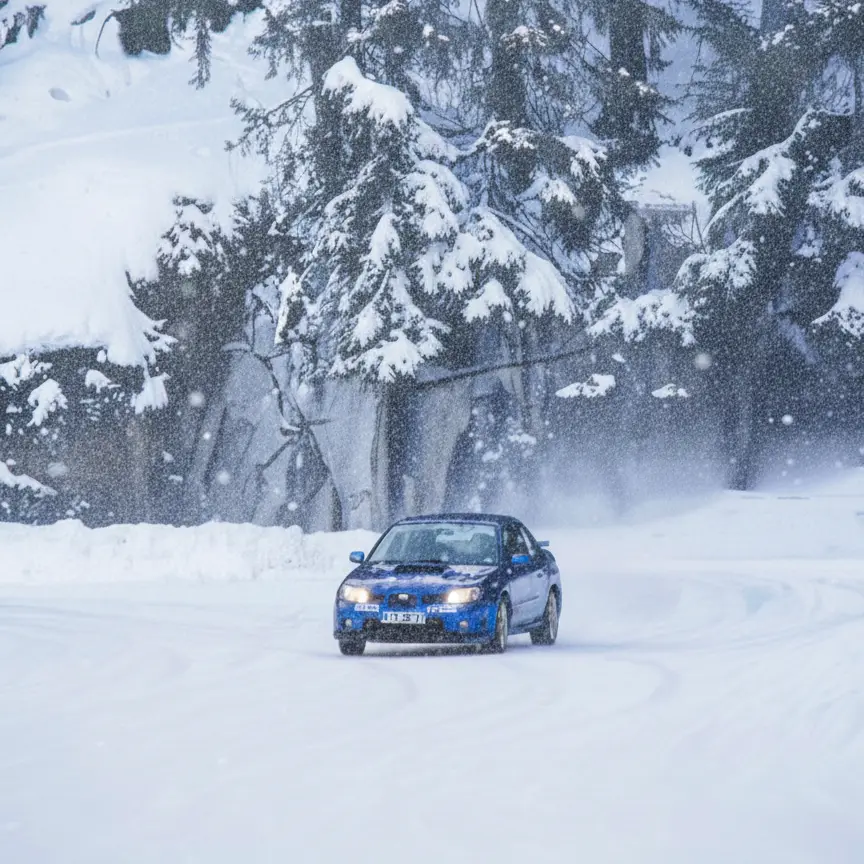 montre une voiture de rallye bleue en pleine action sur un circuit entièrement recouvert d'une épaisse couche de neige blanche.
