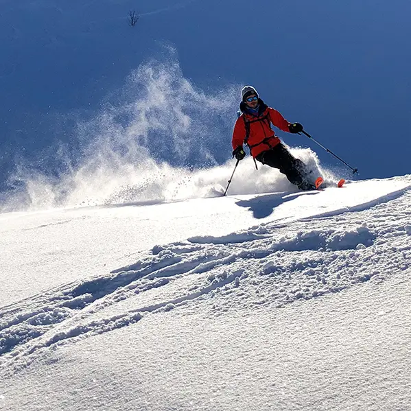 Skieur descendant dans la poudreuse, vue de près