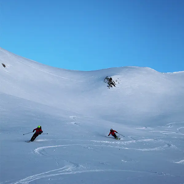 Skieur descendant dans la poudreuse, vue de loin