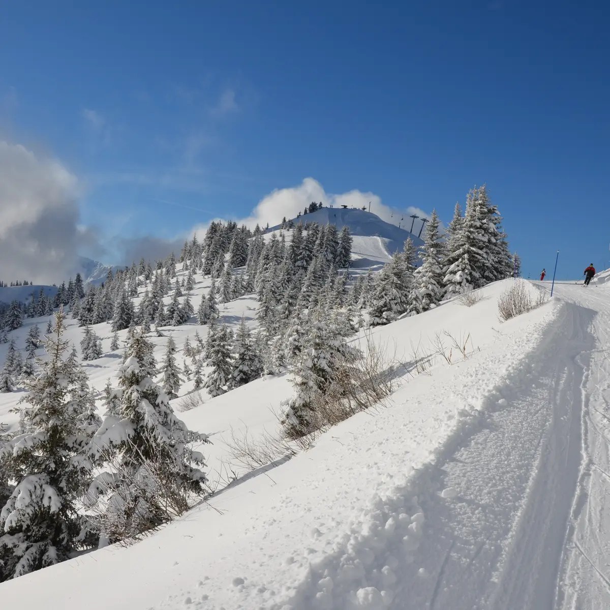 Skieurs sur la piste bleue La Controverse, sur le domaine skiable Les Portes du Mont-Blanc
