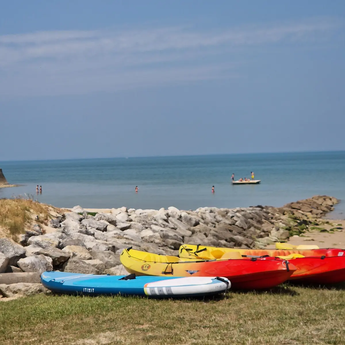 1 paddle et 2 canoés sur pelouse avec mer en arrière plan