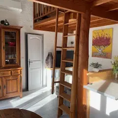 Pièce à vivre princiaple avec des décorations en blanc et bois.