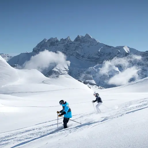 Descente hors piste dans la poudreuse à Avoriaz avec vue sur les Dents du Midi