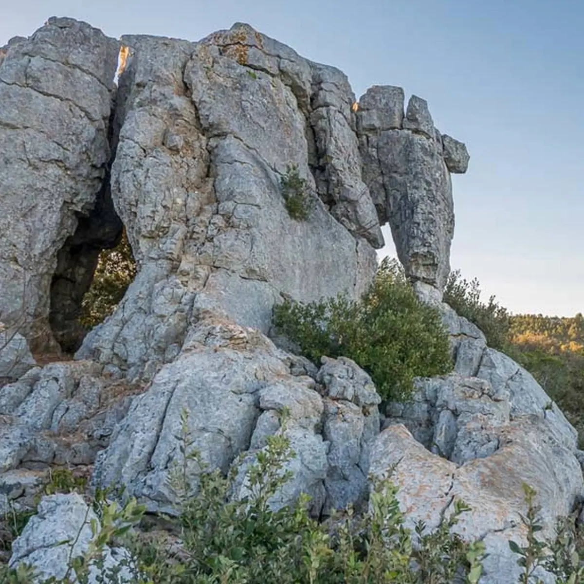 Zoom sur le rocher ressemblant à un éléphant avec la garrigue en arrière plan