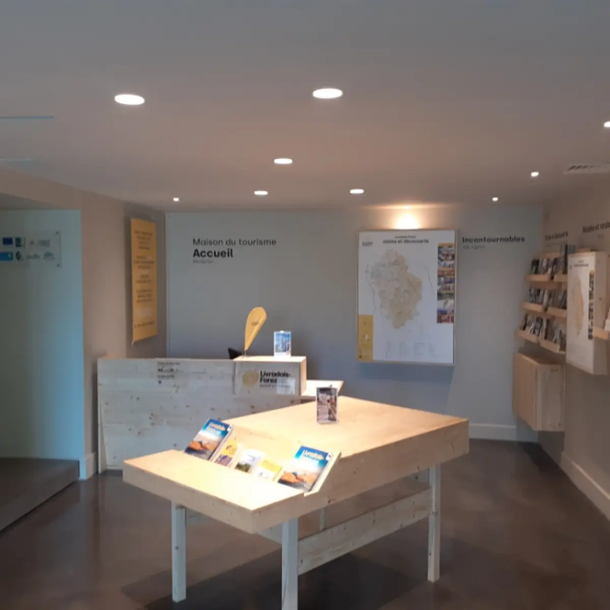 Espace d'accueil très aéré avec en son centre le piano pour échanger avec le conseiller en séjour et sur les côtés la carte touristique et de randonnée ainsi que les présentoirs en bois de notre région. Au fond de l'accueil se trouve le comptoir !