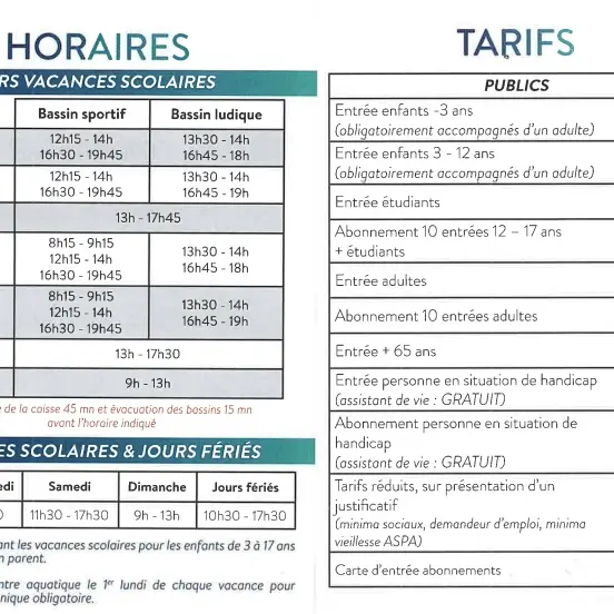 horaires et tarifs