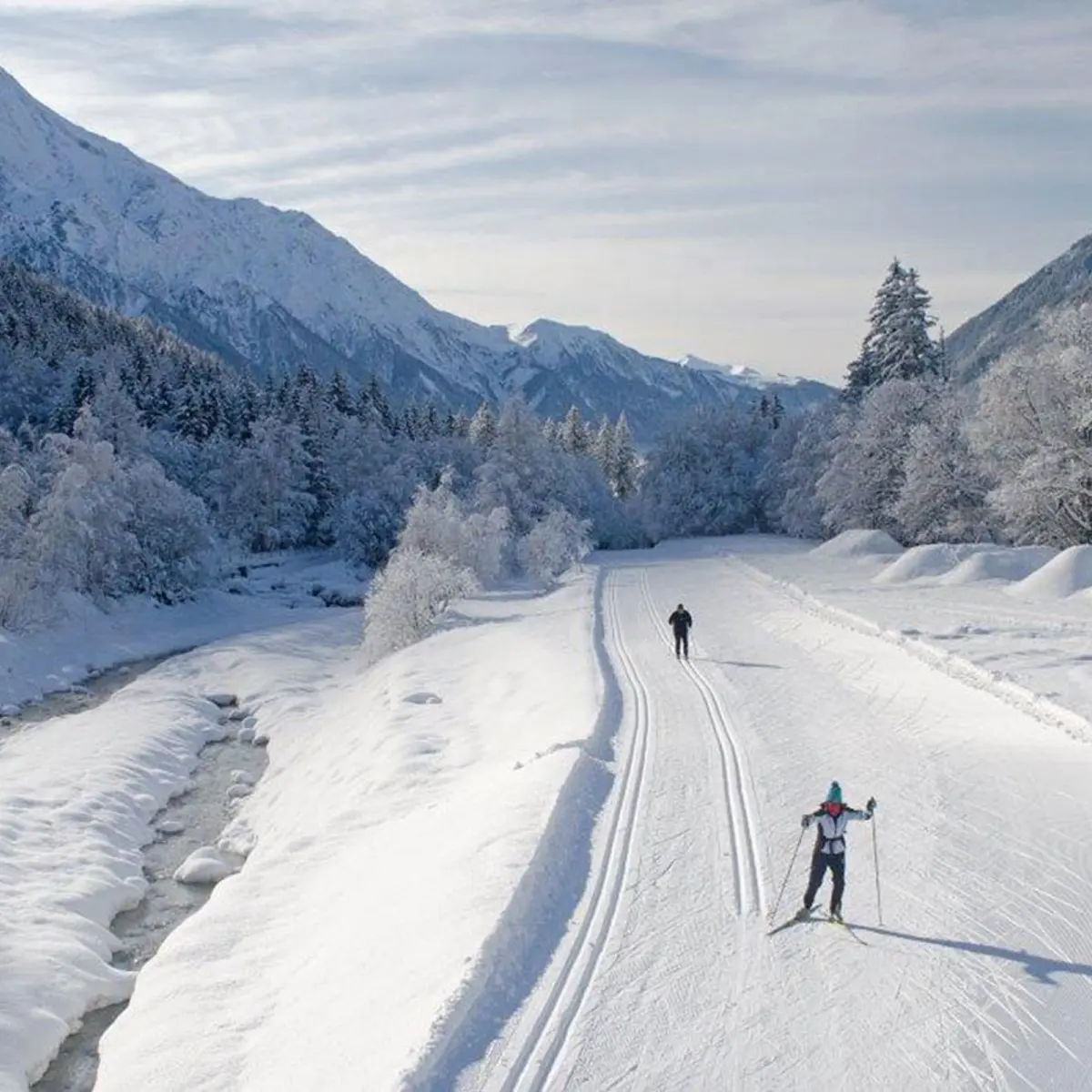 Skieur de fond sur piste avec vu Mont Blanc