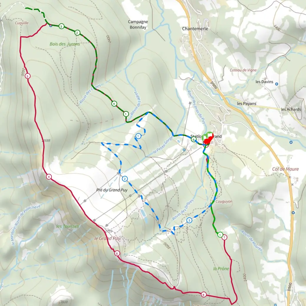 Carte parcours raquettes Gand-Puy