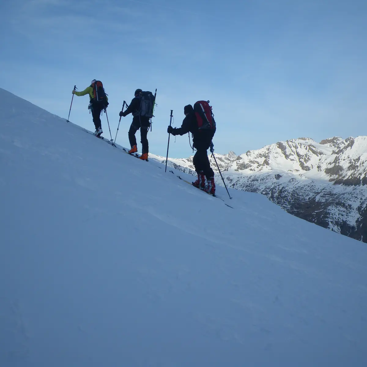 vue de dos de 3 skieurs de randonnée en montée