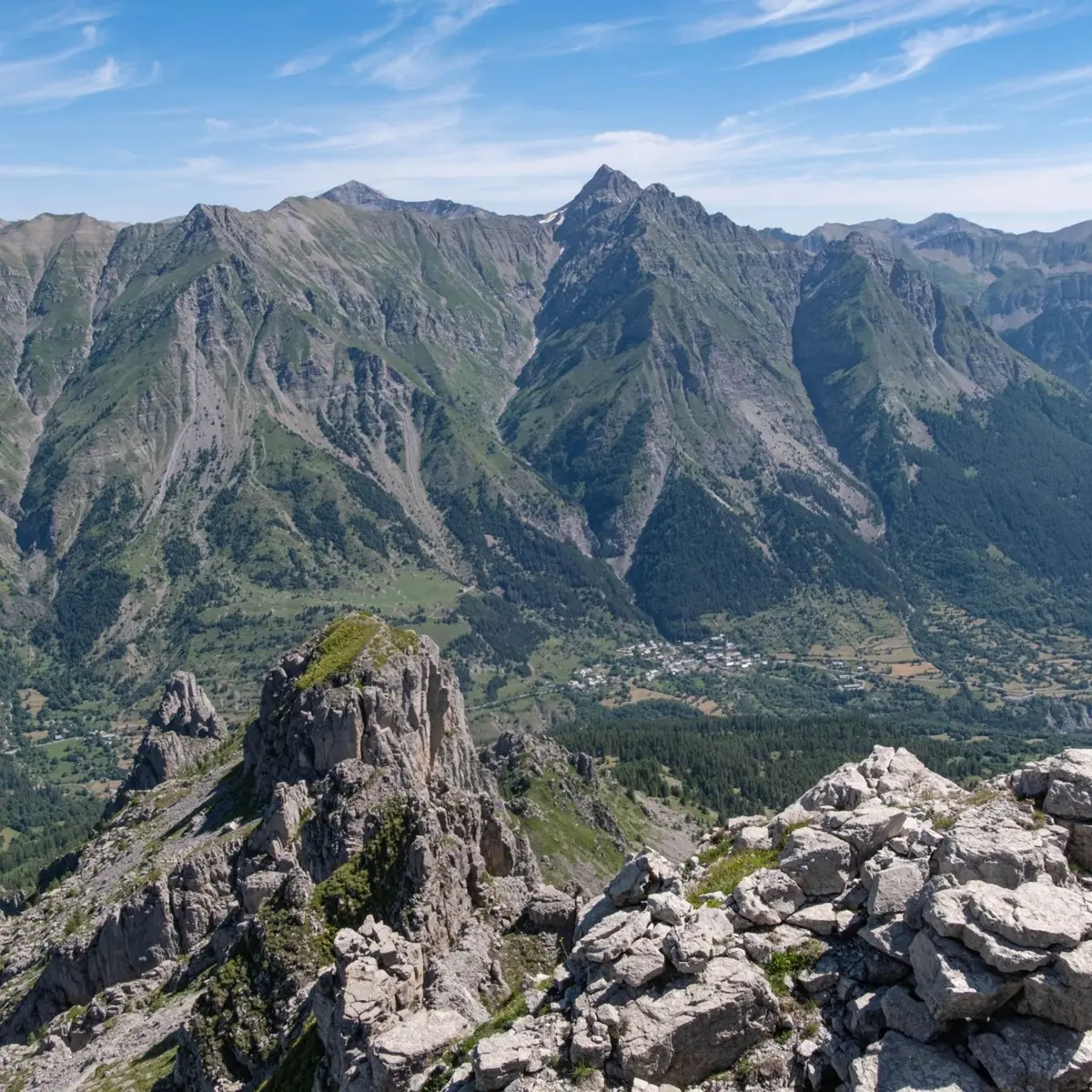 Vue sur le village et la vallée de Réallon depuis les Aiguilles de Chabrières