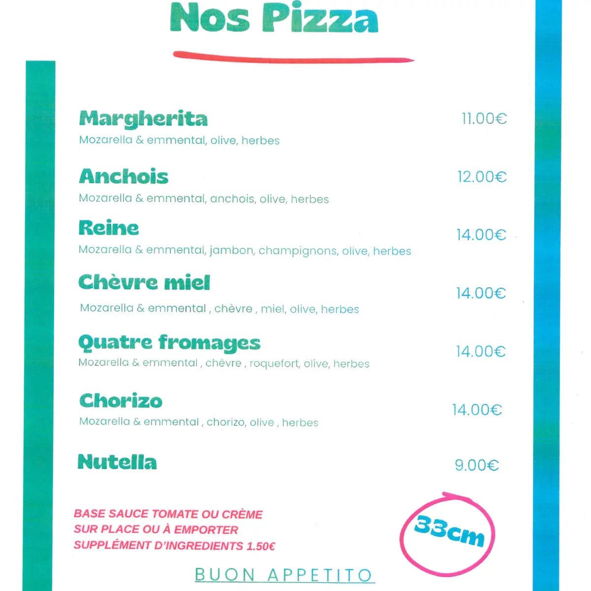Pizzas menu