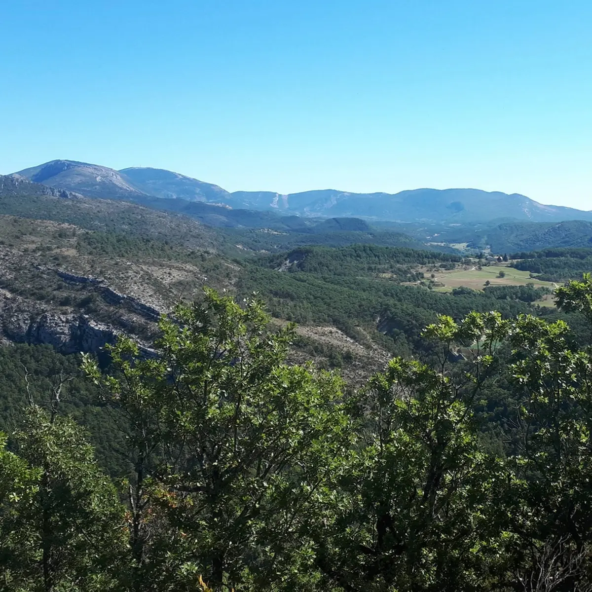 Panorama sur le sommet du Monthiver avec les barres rocheuses Les Baumes et la montagne du Lachens en arrière plan