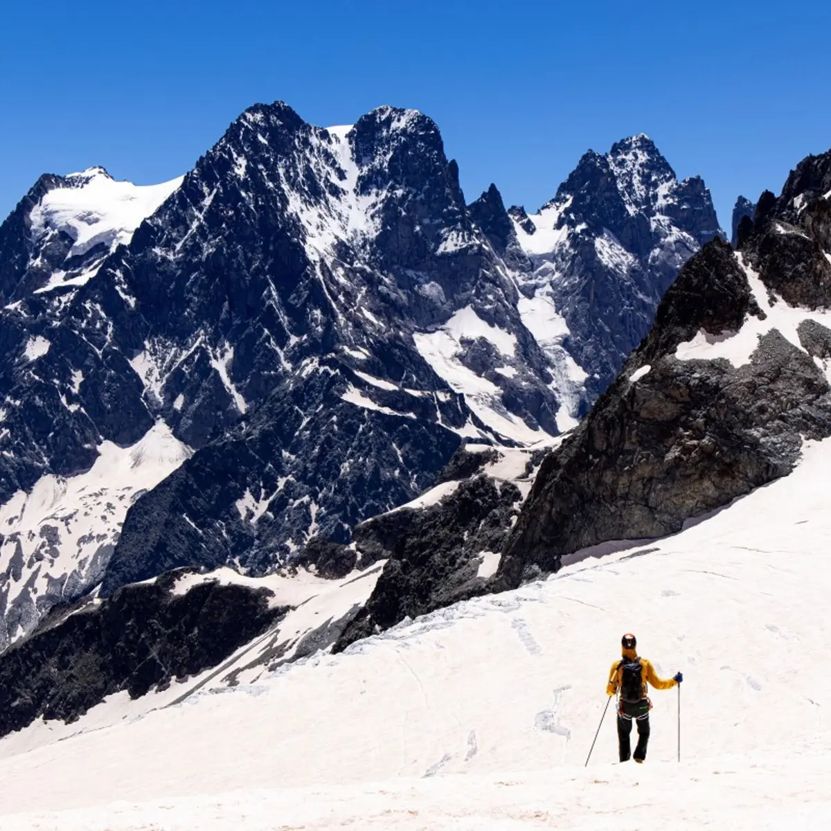 Descente face au Mont Pelvoux de l'Arête sud du Pic du Glacier Blanc