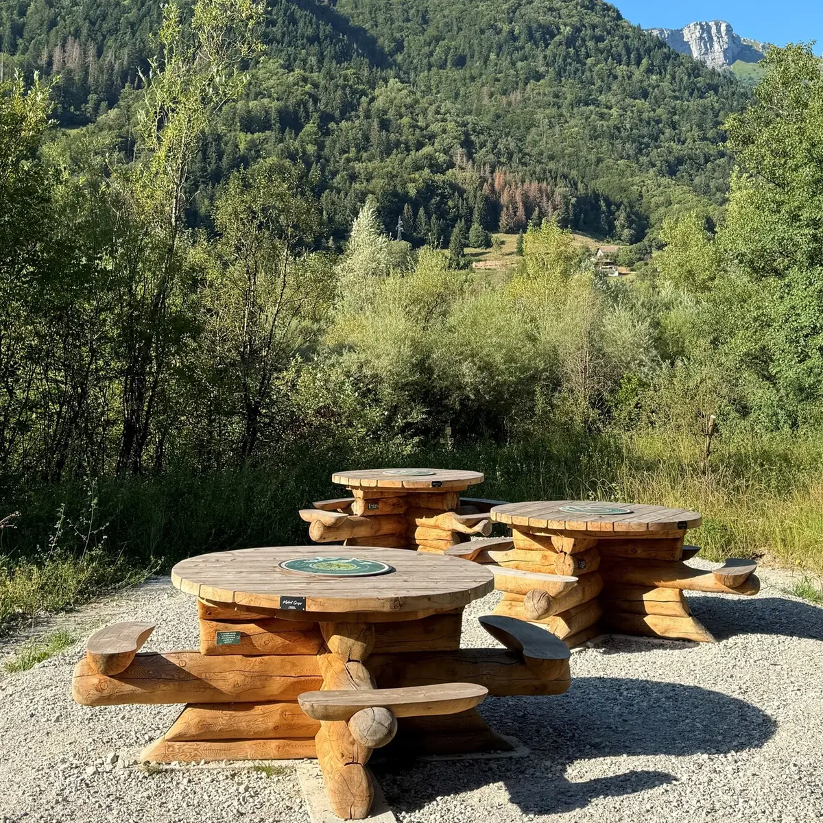 Espaces de pique-nique avec tables sur la rive gauche de la plaine du Fier