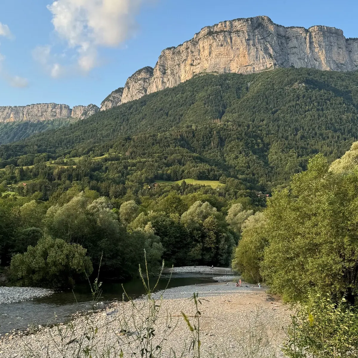 plages naturelles et baigneurs sur les bors du Fier, rive gauche de la plaine.