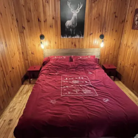 Bedroom with a double bed, wooden interior. Wall-mounted radiator and window with a mountain view.