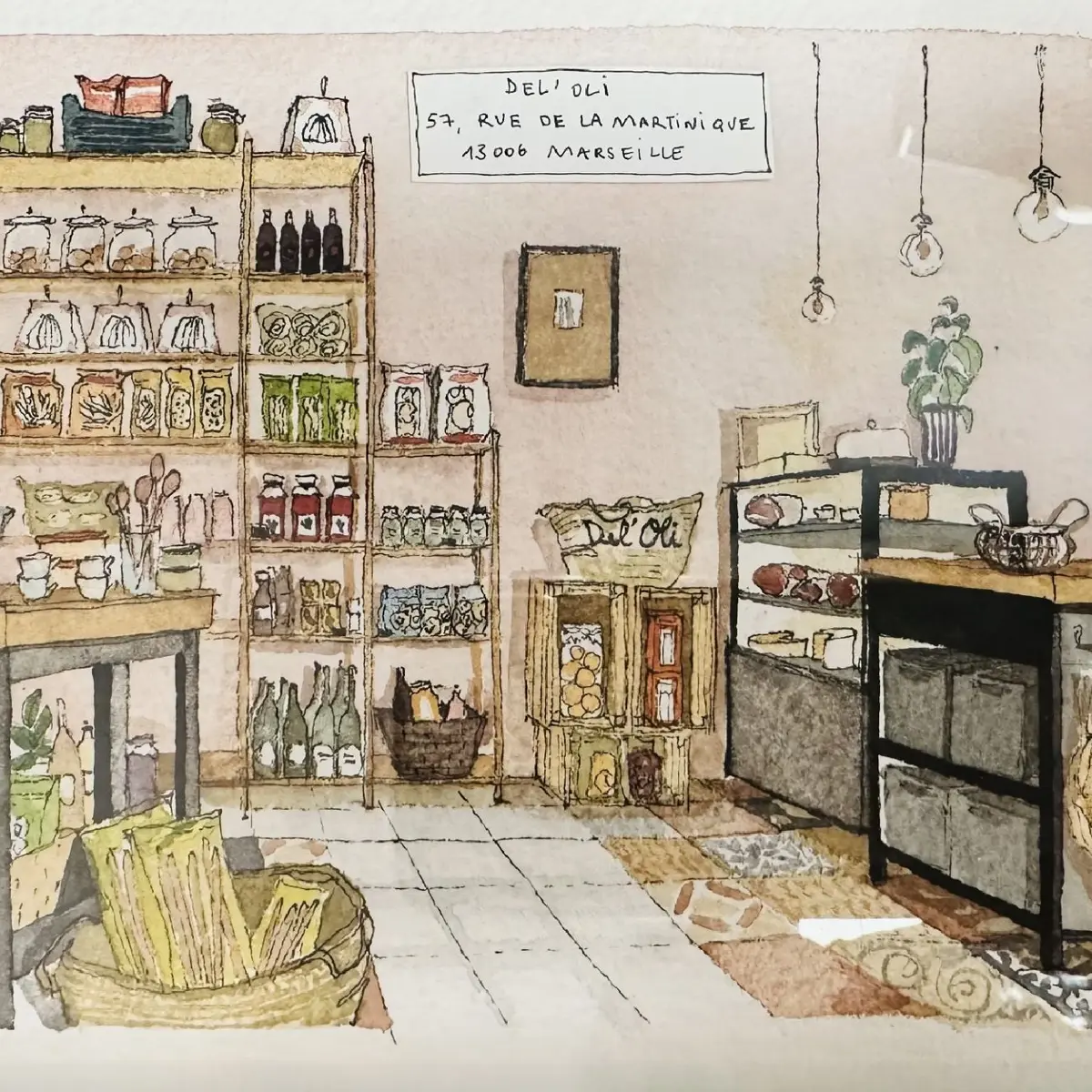 dessin aquarelle de l'intérieur du commerce