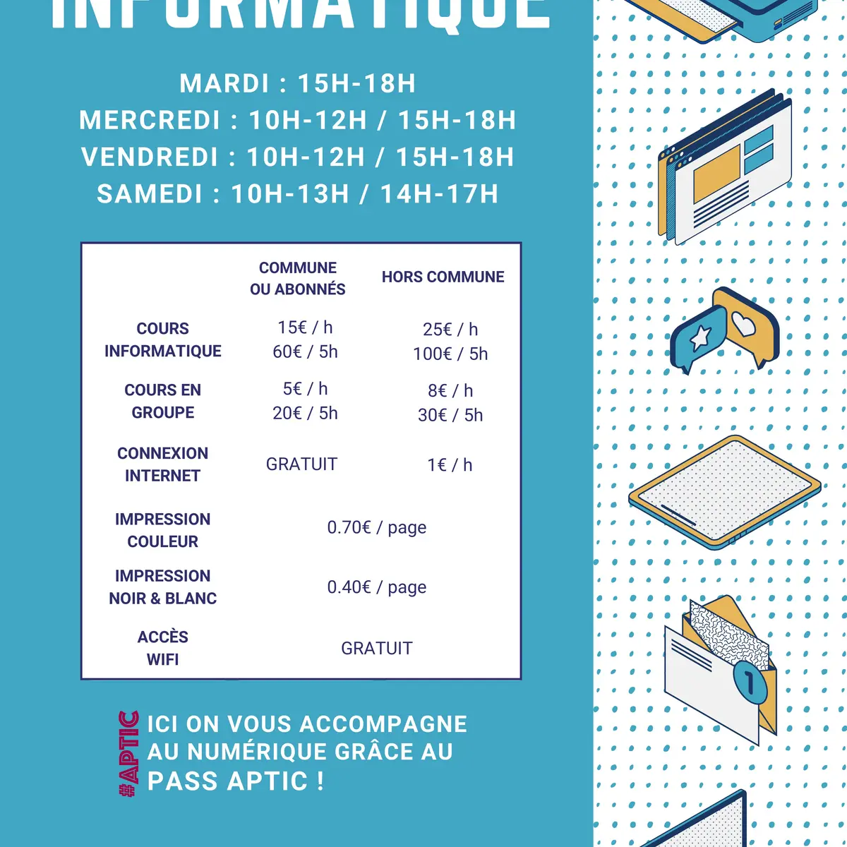 Horaires et tarifs - Espace informatique de la Médiathèque