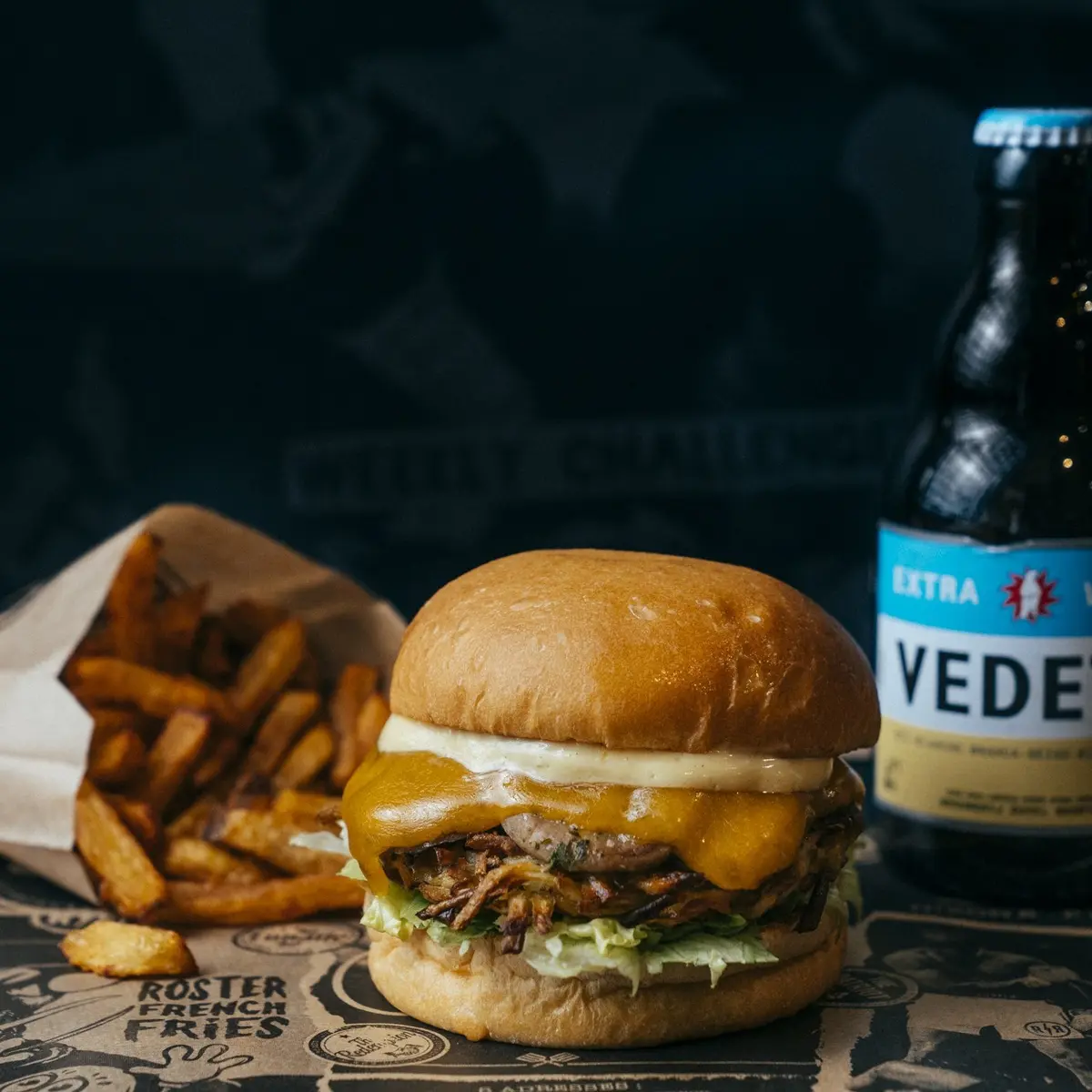 Burger Vege : Rosti, champignon, oignons confit et garlic mayo