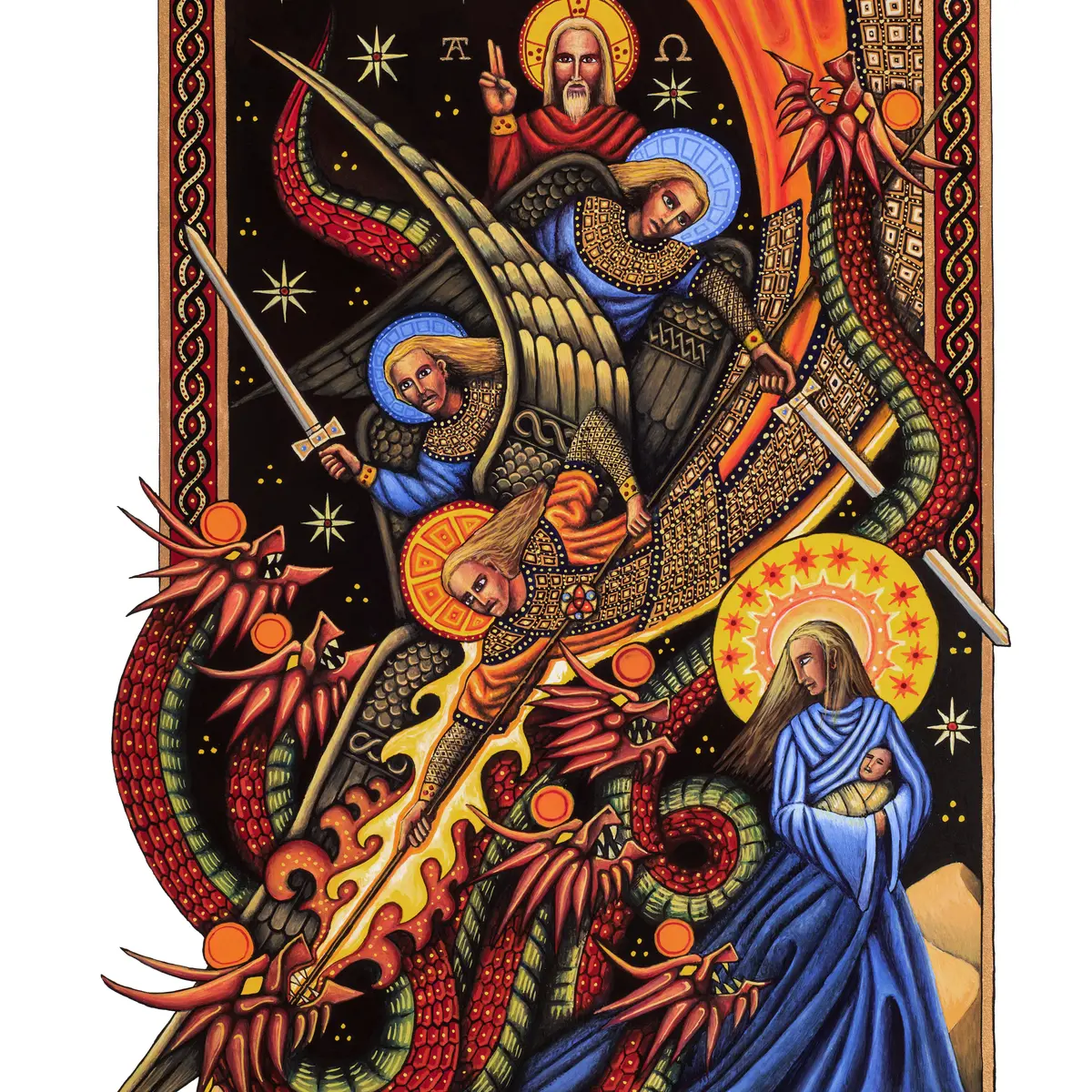 Enluminure : La bataille dans le ciel, Gouache sur papier, 2023