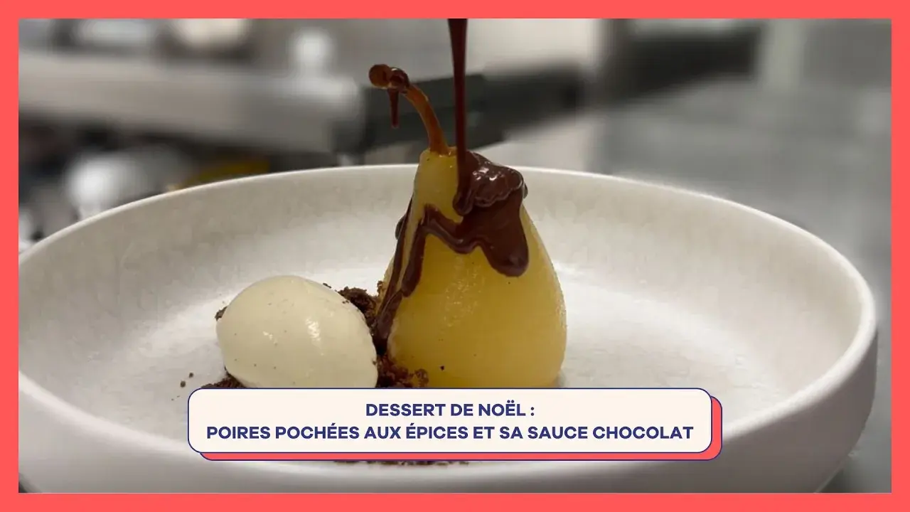 Poached pear with spices and chocolate sauce