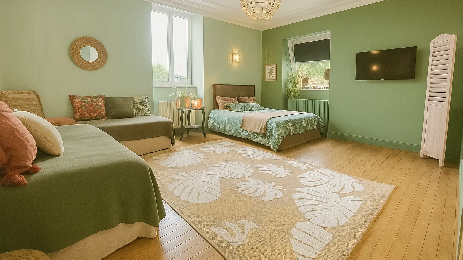 Chambre spacieuse aux tons verts