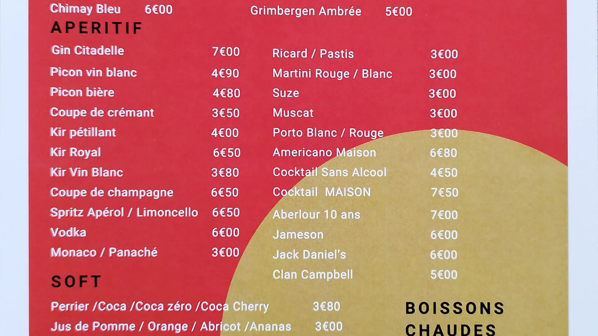 Carte des boissons verso
