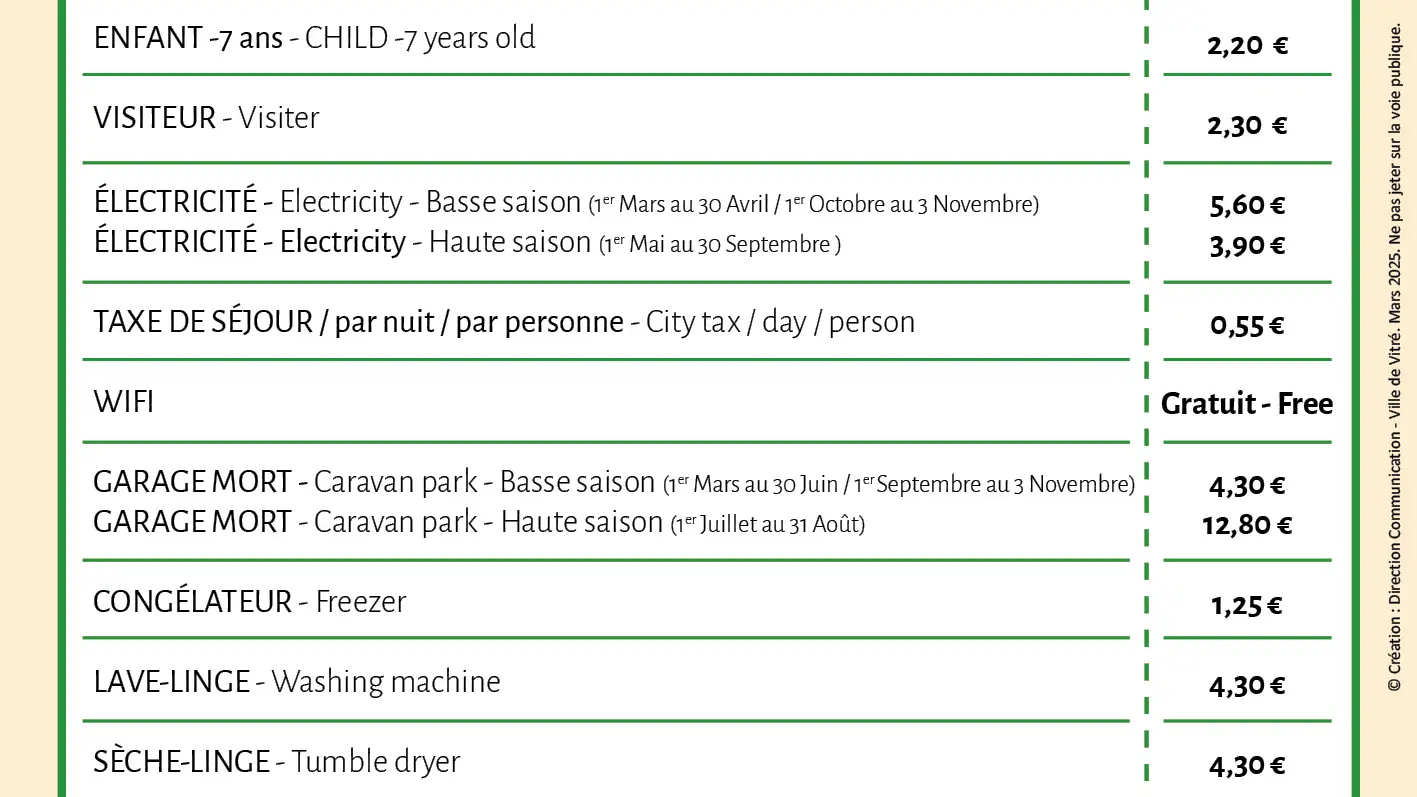 Fiche tarif 2025 Camping Vitré