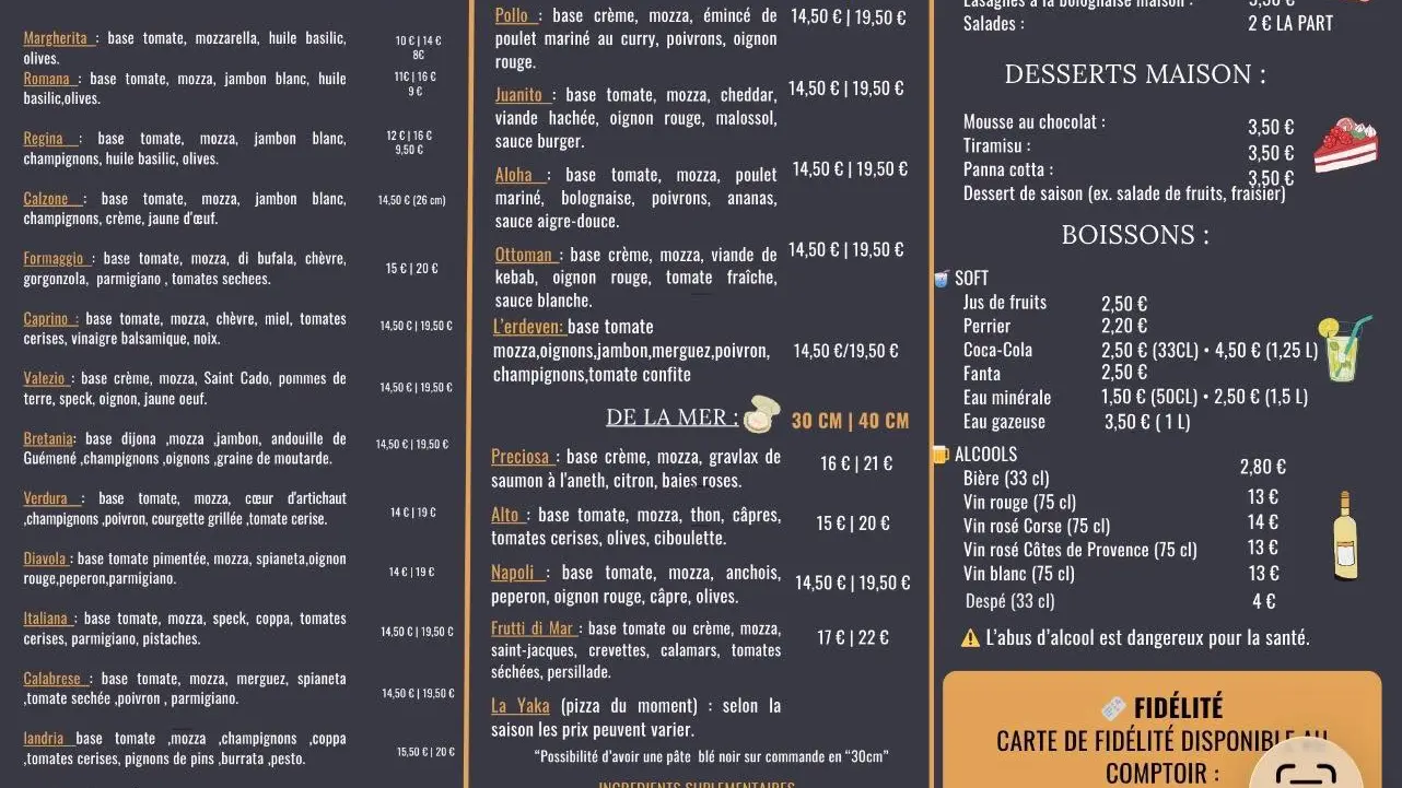 Yaka Pizz menu