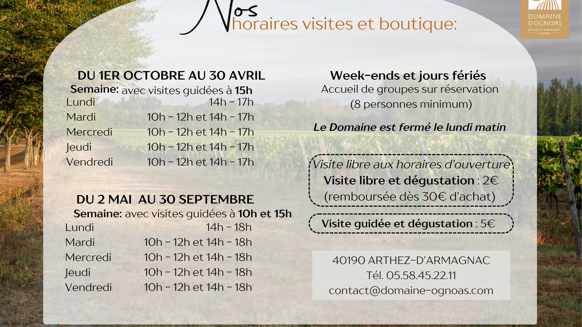 2025 - ARTH - Domaine d'Ognoas - Horaires & Tarifs - ©Domaine d'Ognoas