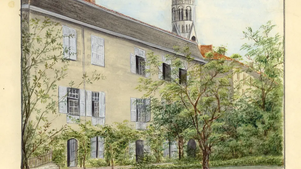 St-Léonard Dessin maisons Filles de Notre-Dame collégiale 1837 (c) CSSL, coll partic - CA