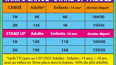 Tarifs canoë 2025