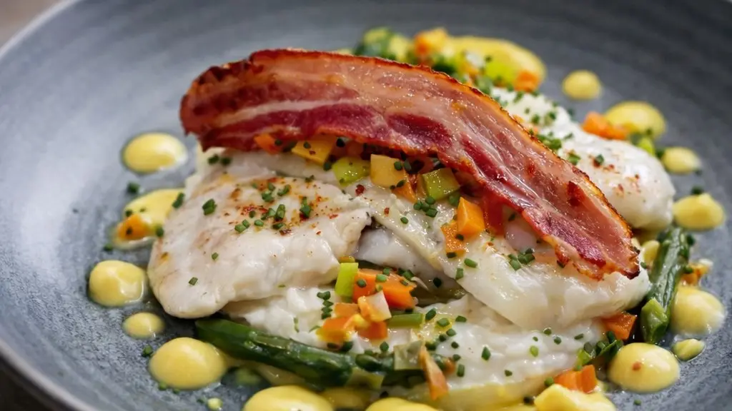 Filet de lieu noir, risotto, pointes d'asperges vertes, sauce beurre blanc au curcuma, bacon grillé