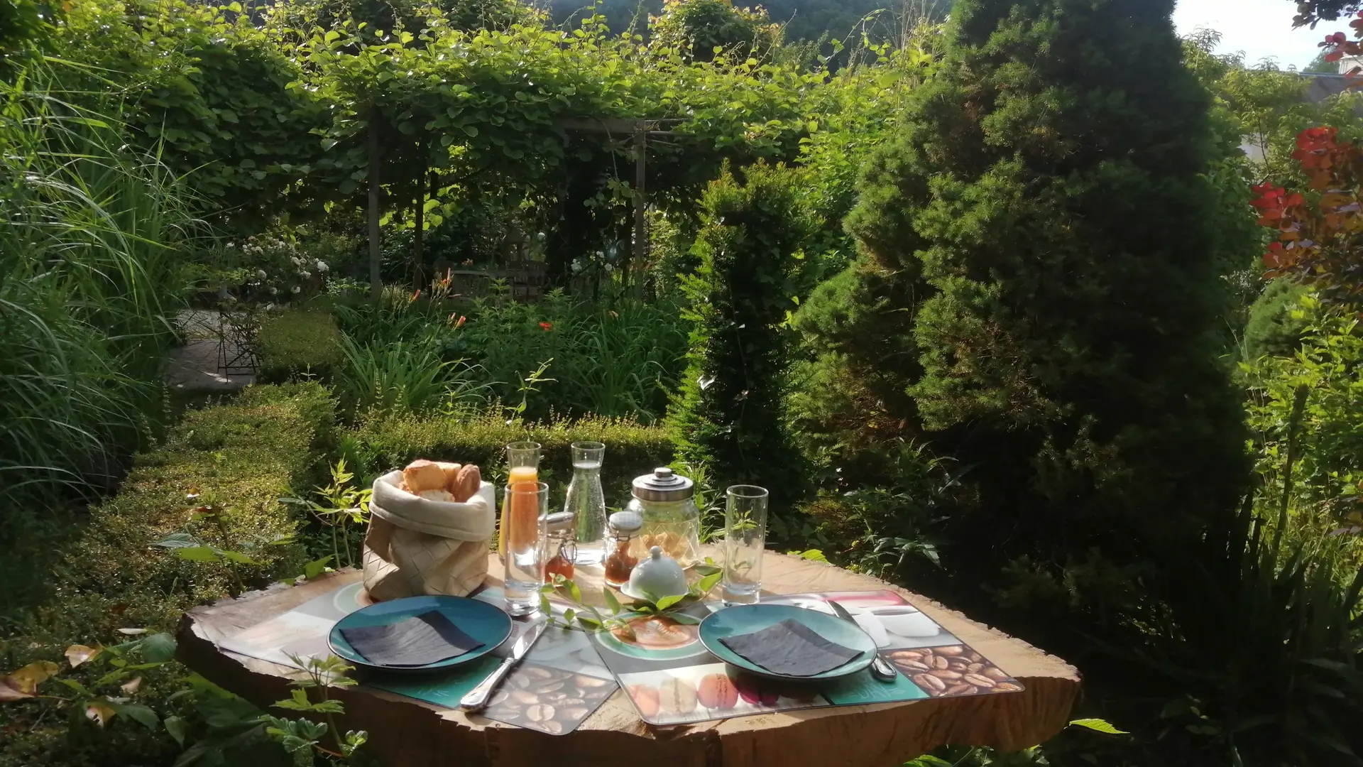 Chambre d'hôtes Saint Denis les Martel. Un petit déjeuner en pleine verdure.