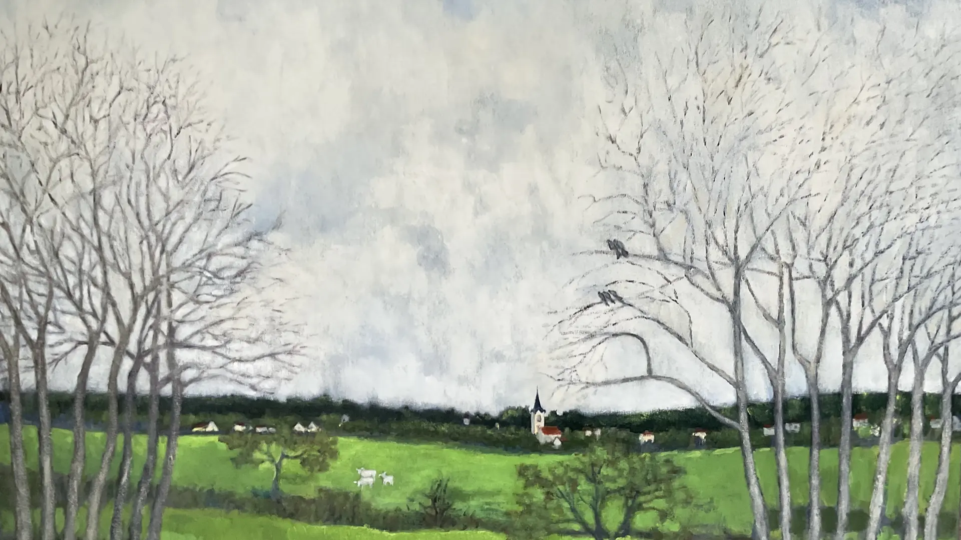 Petit village acrylique sur toile, 116x80 cm - automne 2025